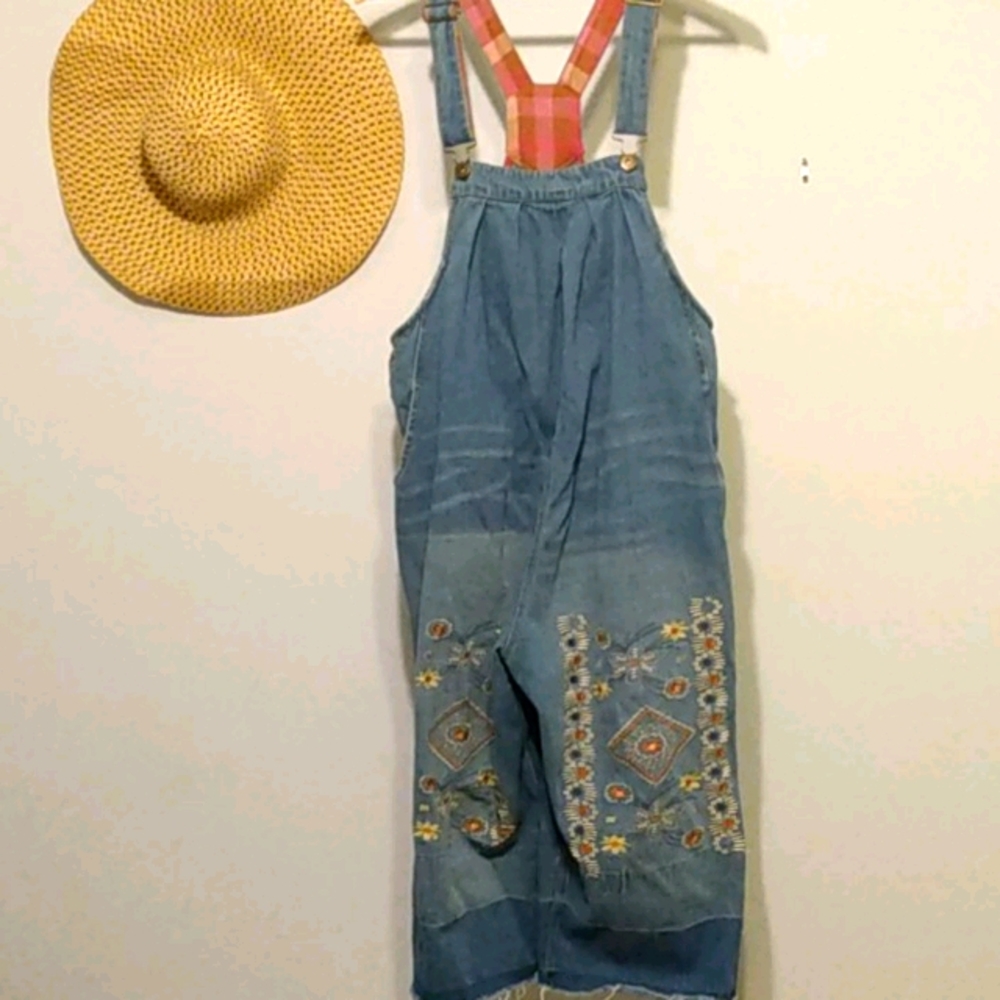 Oversized cropped embroidered overalls